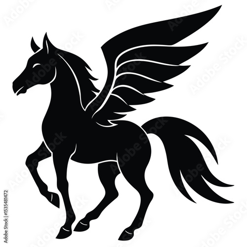 Elegant silhouette of a black winged pegasus mythological horse vector illustration
