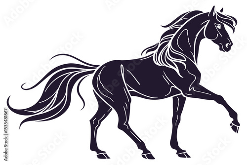 Elegant silhouette of a prancing horse with flowing mane and tail in dark tone