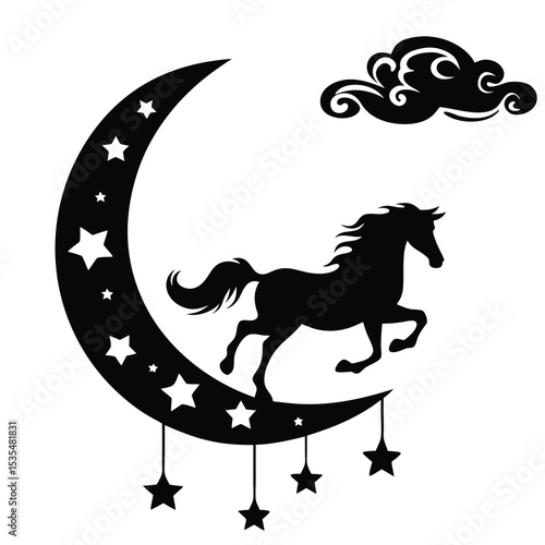 Elegant silhouette of a running horse jumping over crescent moon with stars