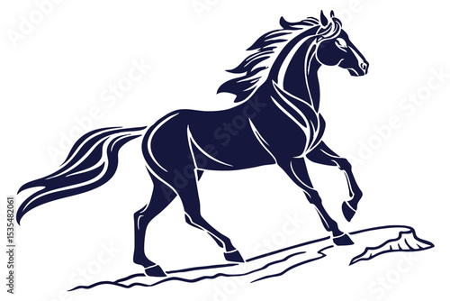 Graceful silhouette of a dark blue horse galloping across a simple landscape