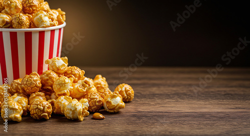 Delicious cheese and caramel popcorn on wooden background, perfect snack for movie night, cinema, and entertainment
