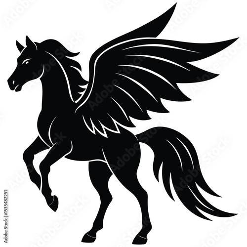 Majestic silhouette illustration of a mythological winged pegasus horse standing proudly