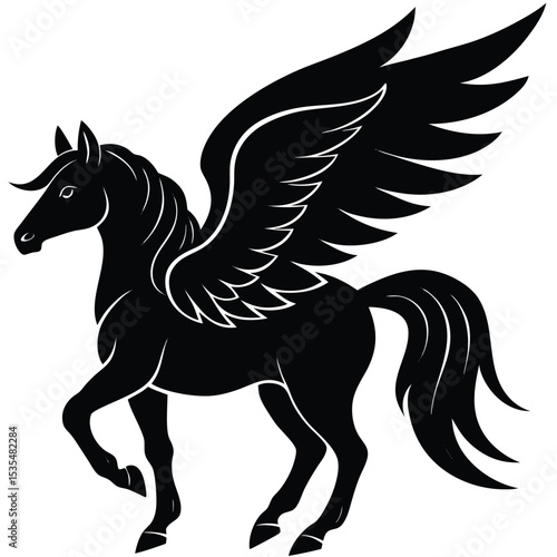 Majestic silhouette of a black winged pegasus mythological creature with white outlines