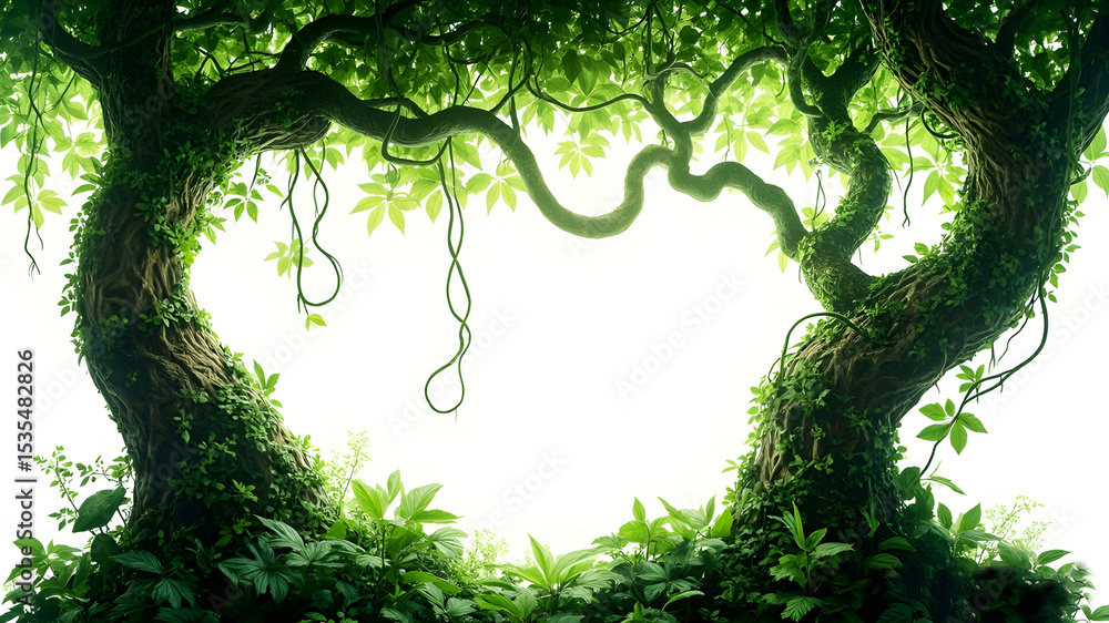 Obraz premium Forest tree trunks with climbing vines twisted liana plant and green leaves isolated on white background, 