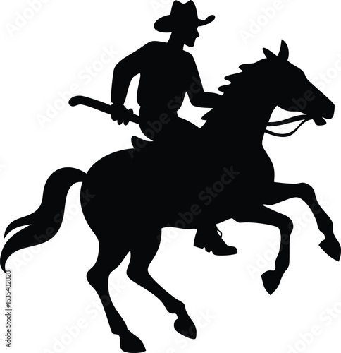 Silhouette of a cowboy on a rearing horse against a clean white background