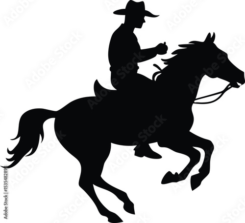 Silhouette of a cowboy riding a horse in motion against a white background
