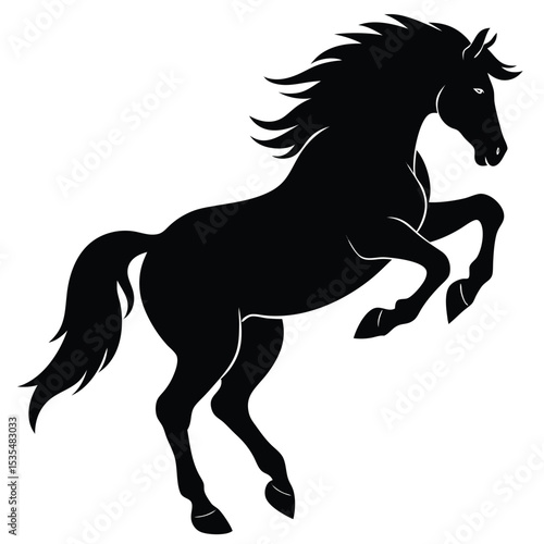 Silhouette of a dynamic rearing horse showing power grace and freedom against a white background