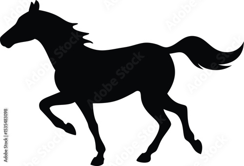 Silhouette of a graceful galloping horse in motion against a clean white background