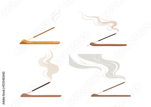Incense stick in holder with gentle curl of smoke rising, minimal and serene design in earthy tones