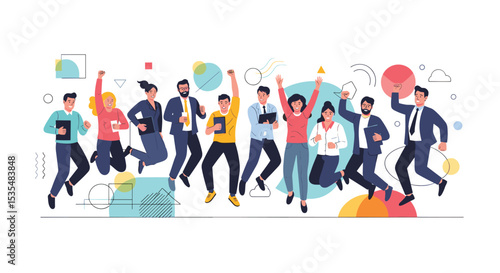 Team Achieving Success Through Collaborative Effort Joyful Group Jumping Together Celebrating Victory
