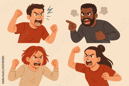 Set of diverse angry people expressing rage and frustration. Collection of furious male and female characters shouting, arguing. Negative emotion, conflict, stress concept vector.