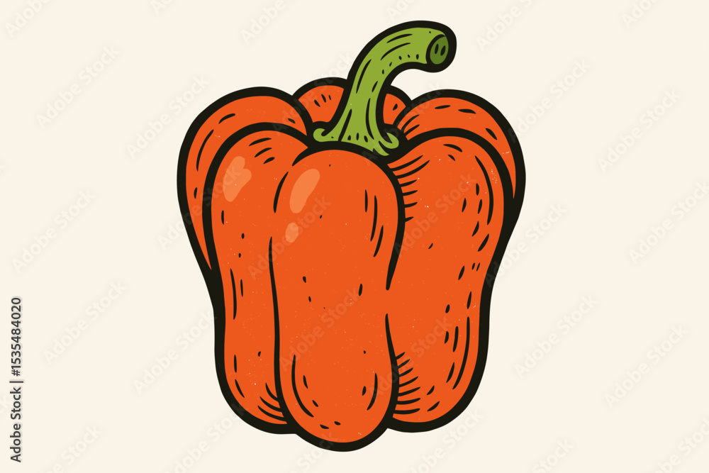 Cartoon red bell pepper vector illustration with retro texture. Hand drawn capsicum, isolated vegetable icon. Concept for organic food, healthy eating, vegetarian diet, farm market. Cartoon red bell pepper vector illustration with retro texture. Hand drawn capsicum, isolated vegetable icon. Concept for organic food, healthy eating, vegetarian diet, farm market.