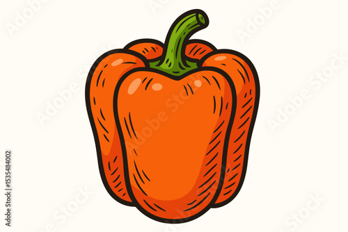 Orange bell pepper cartoon vector illustration. Fresh vegetable food icon in a retro comic style. Healthy organic capsicum drawing isolated on white background for graphic design.