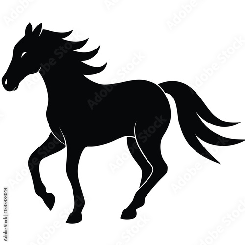 Silhouette of a majestic horse prancing forward with flowing mane and tail in black vector design