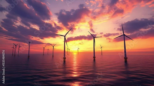 Offshore wind turbines generate clean renewable energy at sunset with vibrant sky and colorful clouds over calm ocean waters