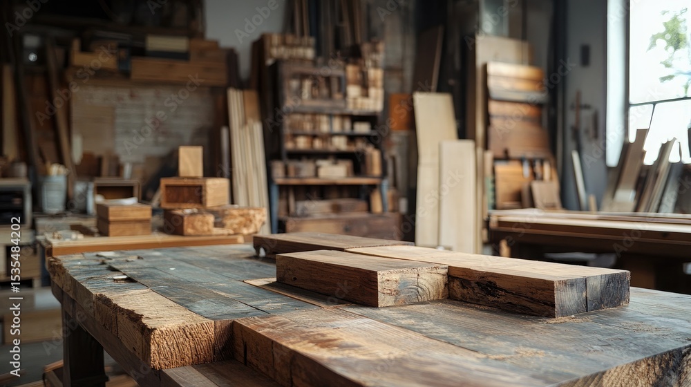 Fototapeta premium Wood Workshop Interior with Various Lumber Pieces on Workbench Surrounded by Shelves and Tools in Artisan Space
