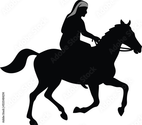Silhouette of a person riding a galloping horse on a white background vector illustration