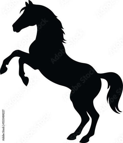 Silhouette of a powerful rearing horse against a clean white background for designs