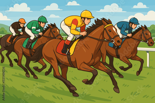 Horse racing competition with jockeys riding galloping horses on a racetrack. Equestrian sport concept for a derby or championship. Vector illustration of speed and action.