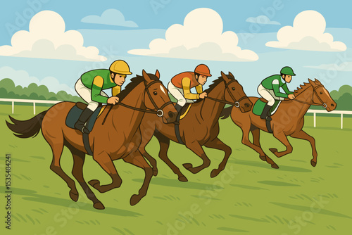 Dynamic vector illustration of a horse race. Jockeys in colorful uniforms riding powerful thoroughbreds on a turf track. Equestrian sport competition, derby day, betting, and gambling concept.