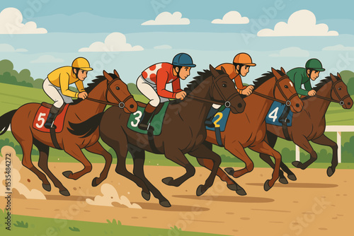 Horse racing competition with jockeys riding galloping horses on a racetrack. Equestrian sport event, derby day concept. Cartoon vector illustration of a fast race on the racecourse.