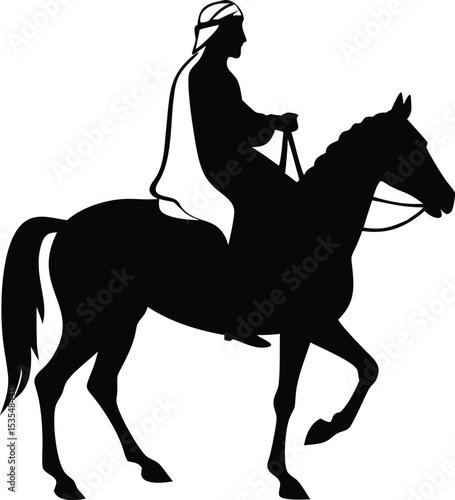 Silhouette of a rider in traditional garb on horseback isolated on white background
