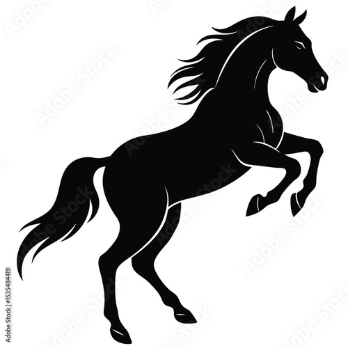 Silhouette of a rearing horse with flowing mane and tail against a white background