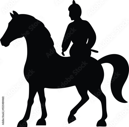 Silhouette of a rider on a horse in full gallop across a plain backdrop concept.