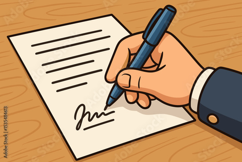 Businessman hand signing a contract document with a pen on a wooden desk. Concept of agreement, deal, partnership, and legal paperwork. Business signature cartoon illustration.