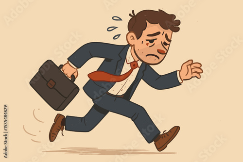 Exhausted businessman running late. Stressed office worker with briefcase rushing to meet a deadline. Concept of overwork, burnout, and anxiety in corporate life. Cartoon vector.