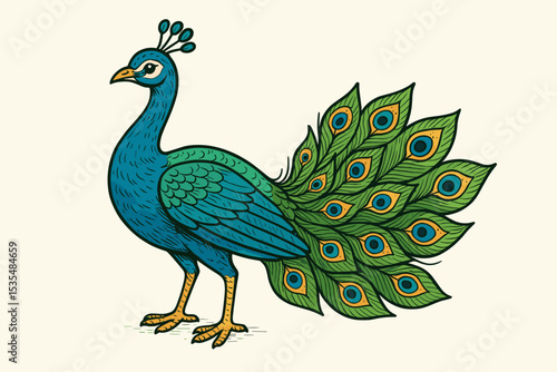 Beautiful peacock hand drawn illustration in a vintage style. Colorful exotic bird with green and blue feathers. Isolated vector graphic, symbol of pride, grace, and wildlife.