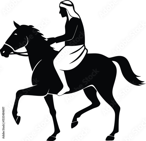 Silhouette of an arab man riding a horse in traditional attire against white background