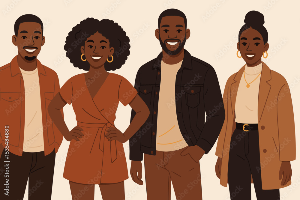Naklejka premium Happy African American people group portrait. Diverse team of young Black men and women smiling. Community and friendship concept. Modern flat style vector character illustration.