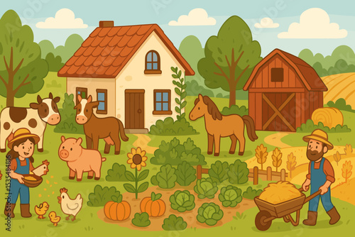 Cute cartoon farm scene with farmers working. Rural landscape with animals like cow, pig, horse, and chickens. Organic farming concept with vegetable garden, barn and farmhouse.