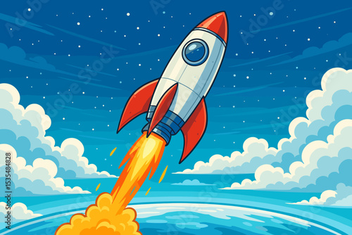Cartoon rocket launch into space. Spaceship flying through clouds to stars. Business startup concept for success and growth. Vector illustration of a space mission adventure.