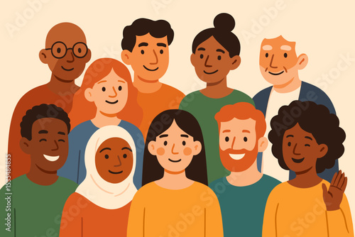 Group of happy diverse people standing together. Multicultural community portrait. Concept of unity, inclusion, society, friendship and teamwork. Vector illustration of a multi-ethnic crowd.