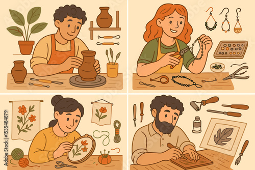 Artisans at work illustration set. People creating handmade crafts. Potter, jeweler, embroiderer, and woodcarver in a workshop. Hobby, creativity, and small business concept.