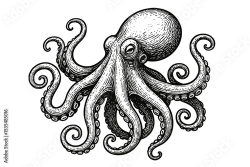 Octopus sketch in a vintage engraving woodcut style. Detailed monochrome hand drawn illustration of a sea monster. Kraken with tentacles. Isolated marine animal for logo or tattoo.