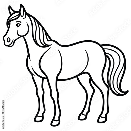 Simple line art illustration of a horse standing proudly on a white background