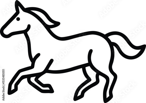 Simple linear illustration of a running horse showing movement and energetic action