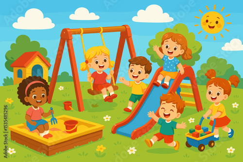 Happy diverse children playing on a summer playground. Group of kids on slide, swing, and sandbox. Outdoor park activity. Childhood friendship fun concept. Cartoon vector illustration.