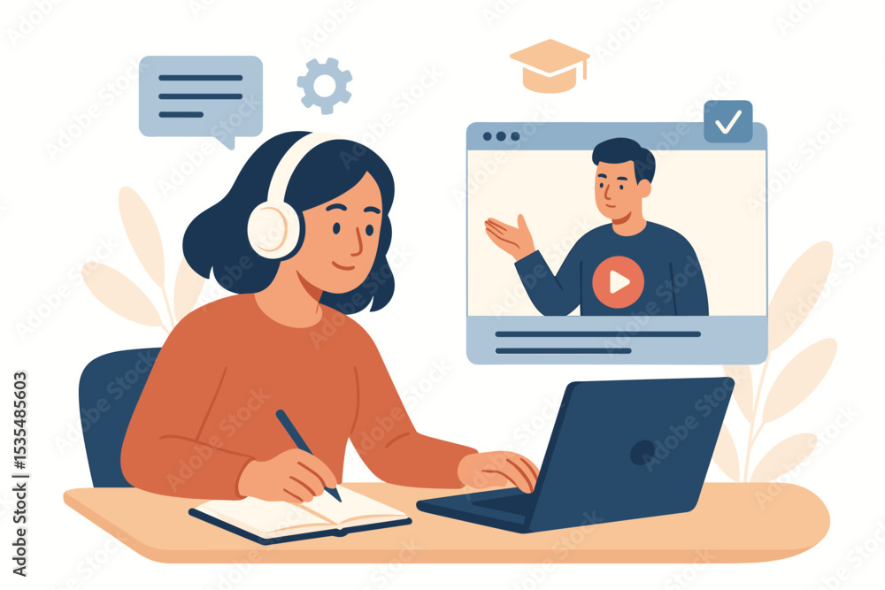 Online learning, e-learning education concept. Young woman student watching webinar or video lesson on laptop. Virtual class with teacher, distance education, online tutorial. Online learning, e-learning education concept. Young woman student watching webinar or video lesson on laptop. Virtual class with teacher, distance education, online tutorial.