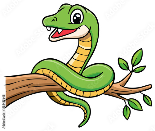 Cute cartoon green snake wrapped around a tree branch, isolated 