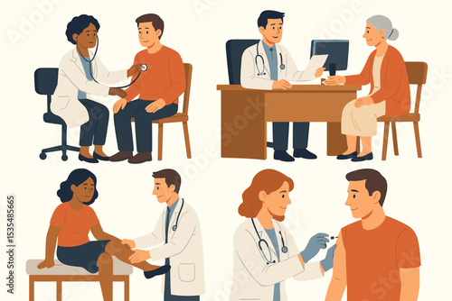 Medical checkup vector illustration set. Doctor and patient characters in a clinic. Scenes include consultation, vaccination injection, stethoscope exam, and physical check. Healthcare.