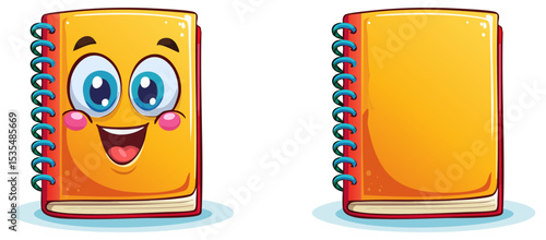 Cartoon spiral notebook set, with and without happy face, isolated 