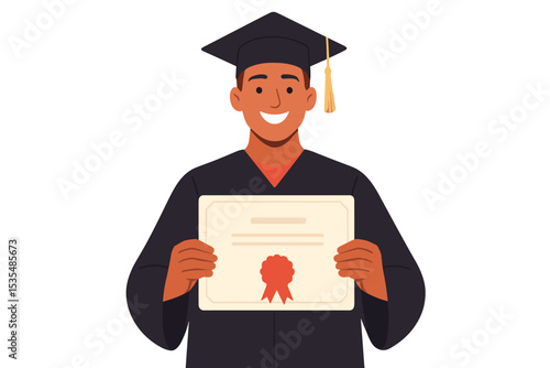 Vector illustration of a happy male graduate in a cap and gown holding a diploma certificate. Concept of success, achievement, graduation ceremony, and higher education at a university.