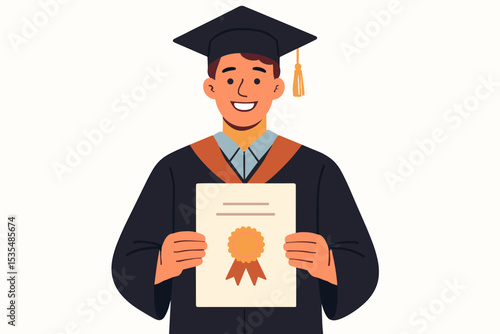 Happy student graduate in academic cap and gown holding a diploma. Proud young man celebrating university commencement. Education success and achievement concept. Vector illustration.