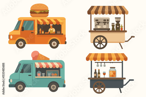 Street food truck and cart vector illustration set. Collection of mobile food stands for festivals. Burger, ice cream, coffee shop, and wine bar icons. Flat design isolated.