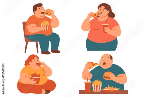 Set of overweight people eating fast food. Man and woman characters enjoying unhealthy junk food. Obesity, gluttony, and bad diet concept. Vector cartoon illustration collection.