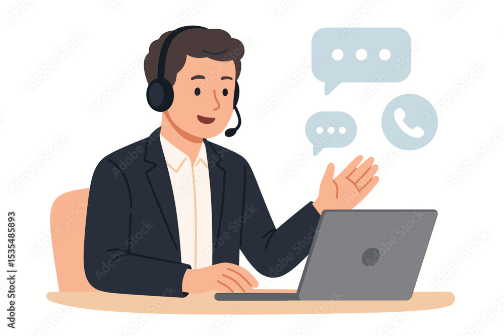Call center agent man with headset and laptop. Customer service operator talking to client. Technical support, hotline, helpdesk consultant concept. Male character vector illustration. Call center agent man with headset and laptop. Customer service operator talking to client. Technical support, hotline, helpdesk consultant concept. Male character vector illustration.